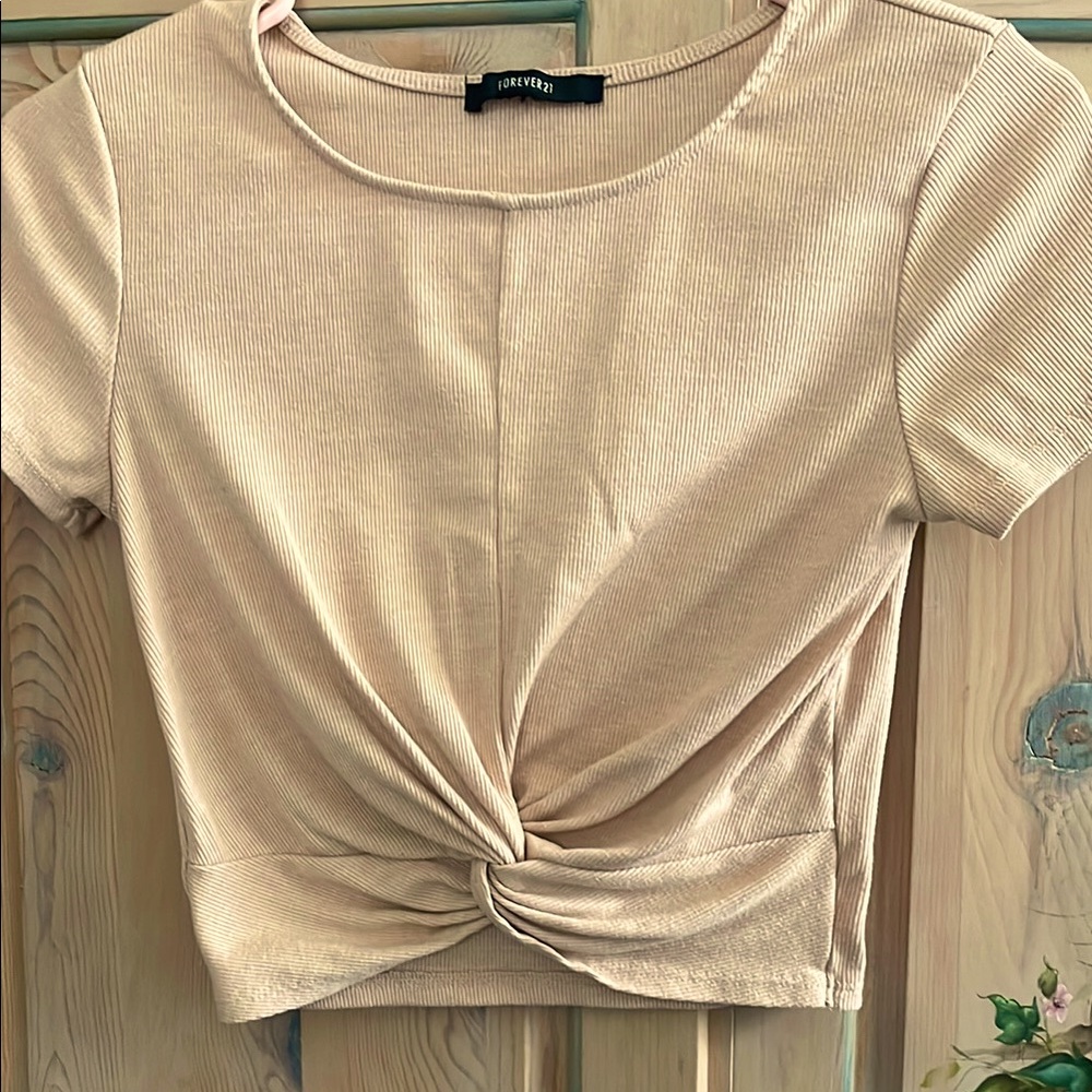 Forever 21 Cream Crop Tie Front T-Shirt